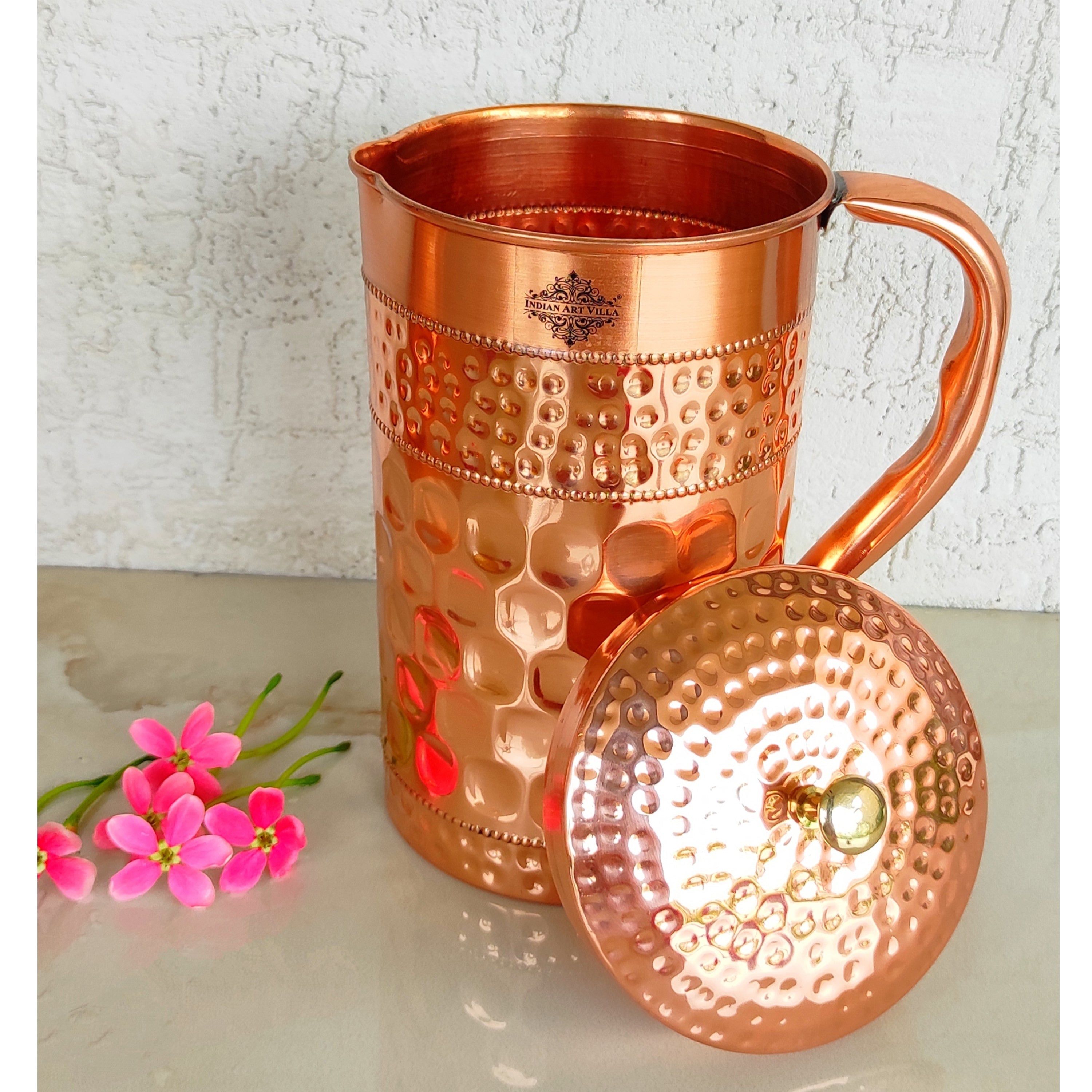 Pure copper jug with diamond hammered beeding & plain design diamond, 1500 ML